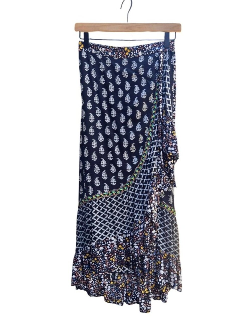 Mixed Print Black Maxi Skirt Hi-Low XS Christian Siriano Cascading Ruffle Boho